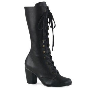 Hot boots 👢 black w red interior, mid calf  vegan leather, witchy, blocky heels